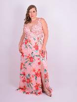 Vestido Longo Festa Renda Crepe Estampado Rosa Plus Size