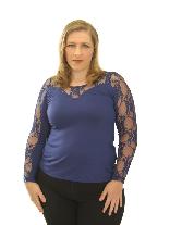 Blusa Festa Manga Longa Viscolycra Renda Azul Plus Size