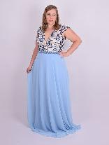 Vestido Longo Festa Tule Bordado e Chiffon Azul Plus Size